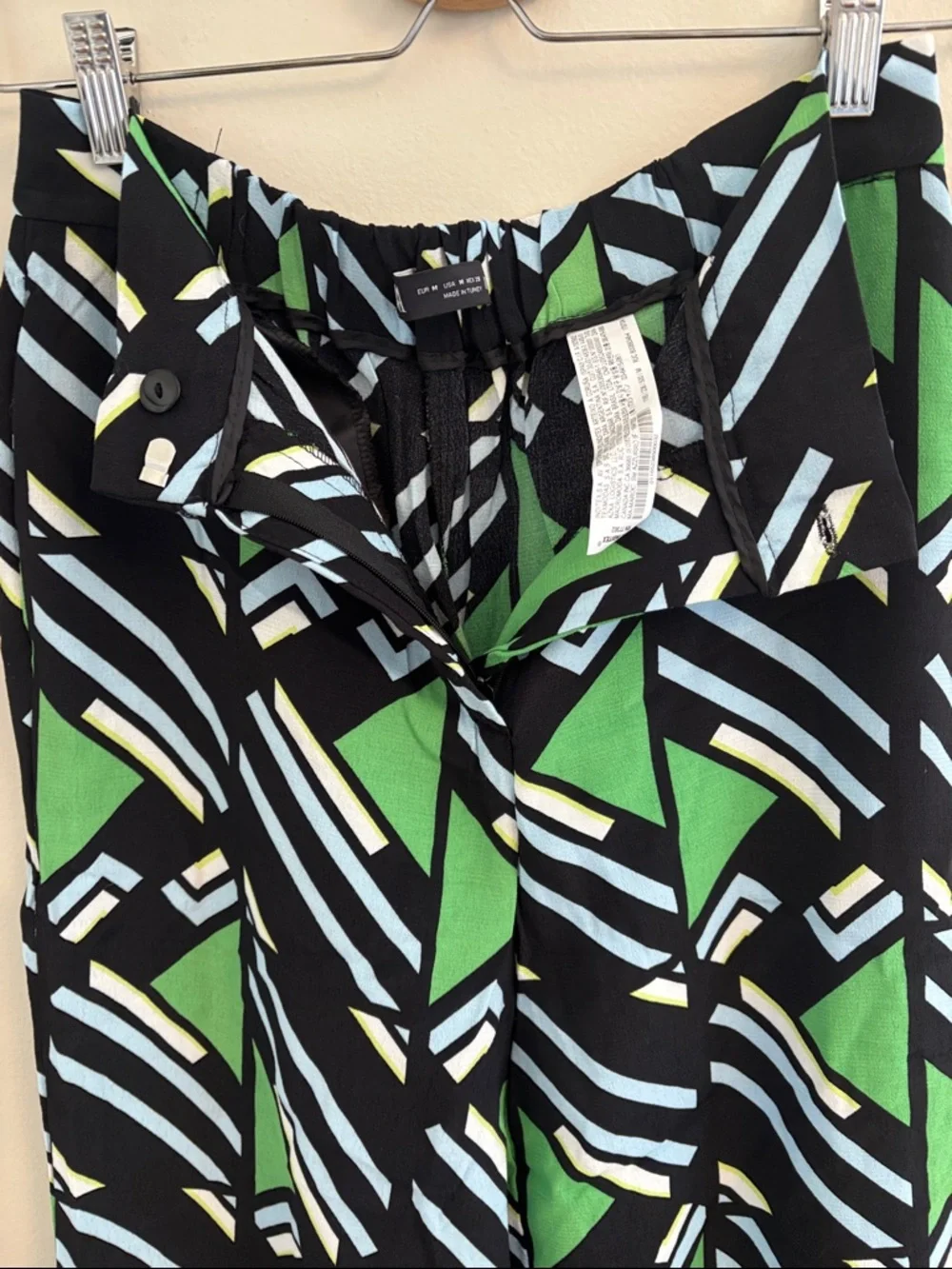 Zara Black Wide-Leg Pants with Green and Light Blue Geometric Print - Picture 9 of 9